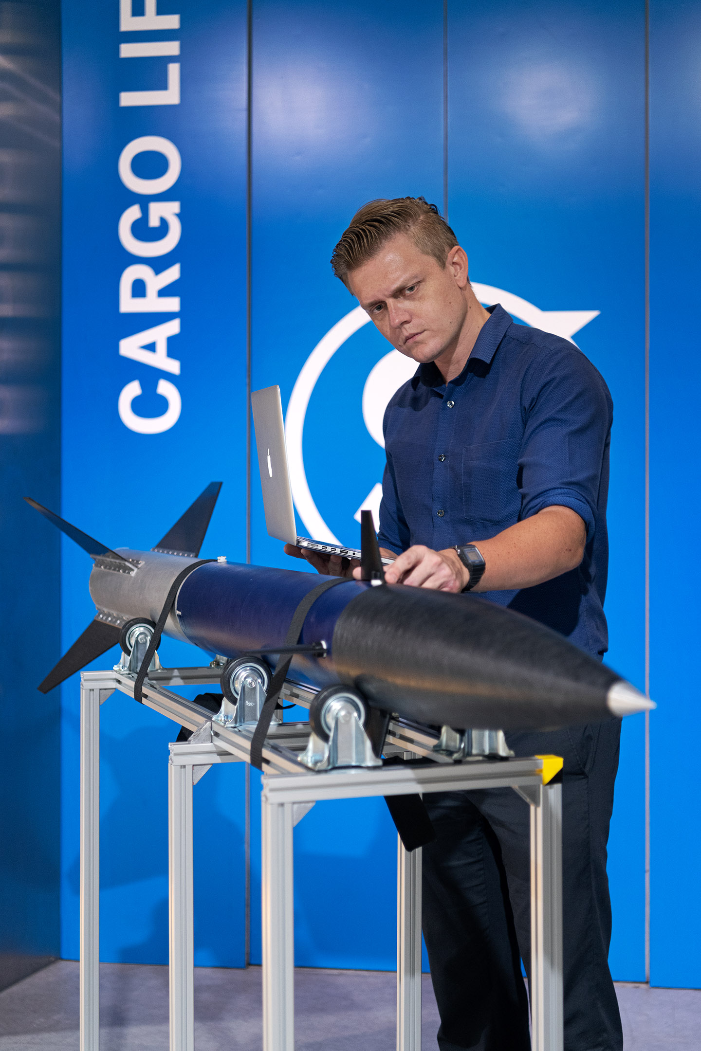 Simon Gwozdz with the low altitude demonstration rocket.