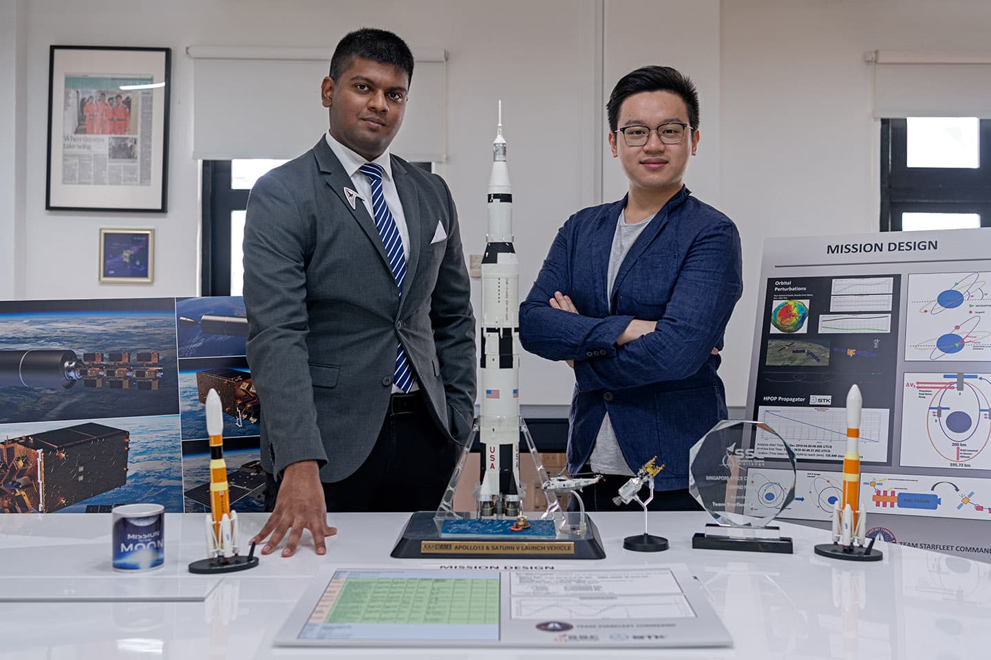 Suraya Shanmugam (L) and Jacob Tang (R) of Starfleet, the winning team of the 2020 Singapore Space Challenge.
