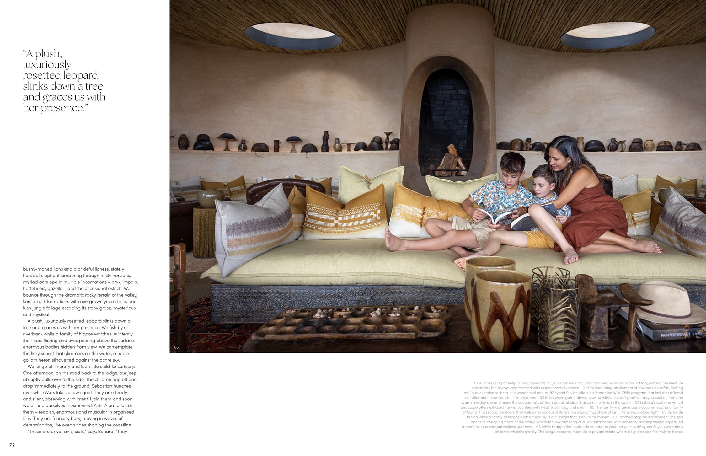 Stephanie Zubiri and her sons reading together at andBeyond Suyian in Laikipia, Kenya photographed by Scott A. Woodward